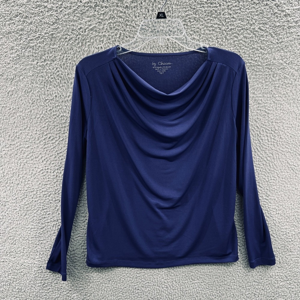 Chicos Womens Top Small Navy Draped Cowl Neck Quiet Luxury Stretch Career Office